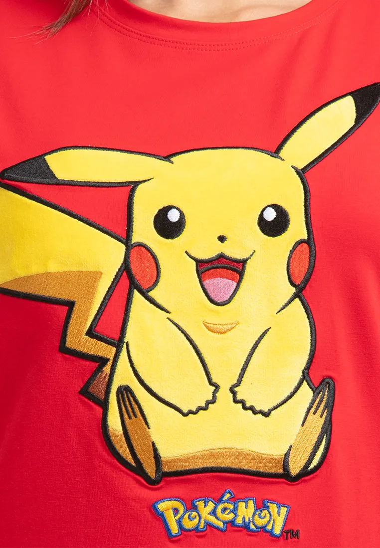 Forest Ladies Pokémon Coral Fleece Textured Embroidered Pikachu Round Neck Tshirt Women | T Shirt Perempuan - FP821000