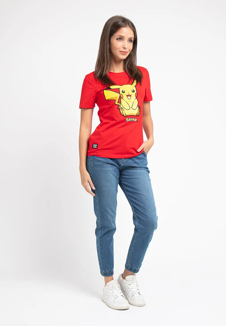Forest Ladies Pokémon Coral Fleece Textured Embroidered Pikachu Round Neck Tshirt Women | T Shirt Perempuan - FP821000