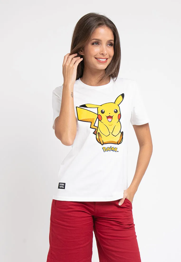 Forest Ladies Pokémon Coral Fleece Textured Embroidered Pikachu Round Neck Tshirt Women | T Shirt Perempuan - FP821000