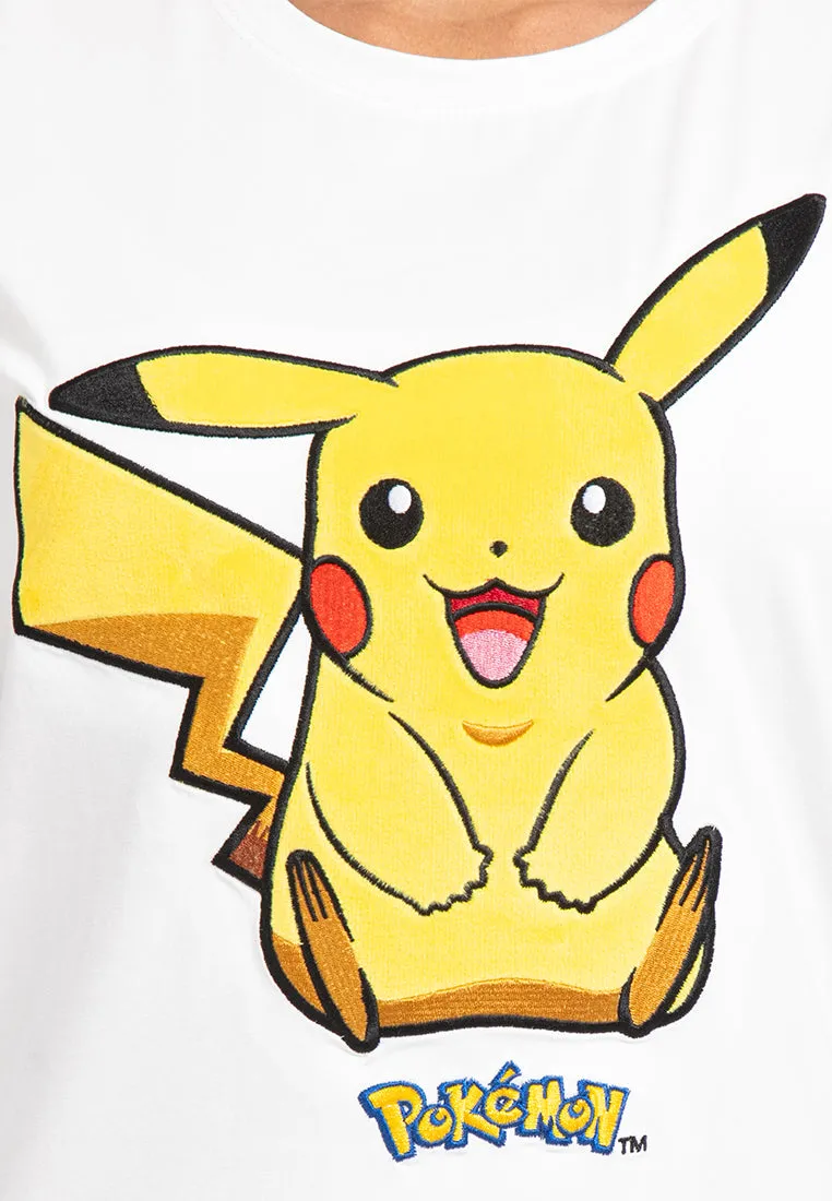 Forest Ladies Pokémon Coral Fleece Textured Embroidered Pikachu Round Neck Tshirt Women | T Shirt Perempuan - FP821000