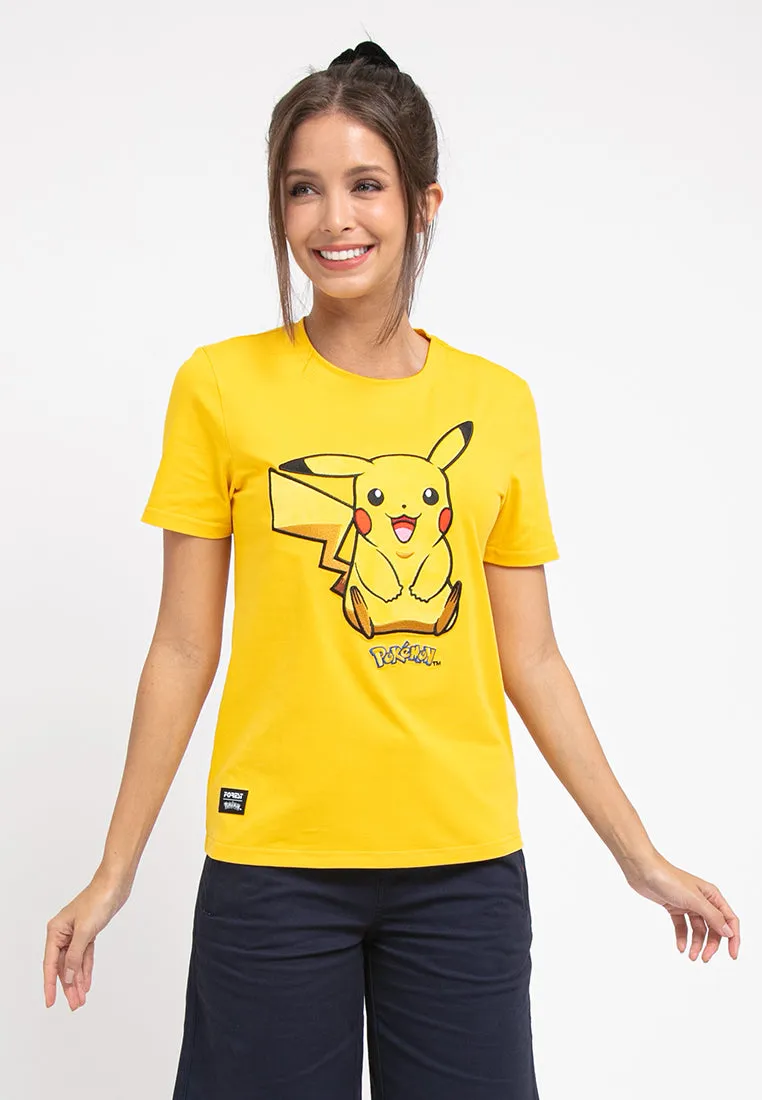 Forest Ladies Pokémon Coral Fleece Textured Embroidered Pikachu Round Neck Tshirt Women | T Shirt Perempuan - FP821000
