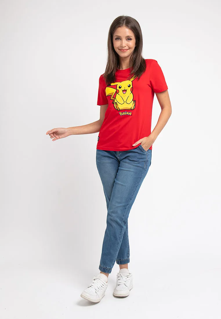 Forest Ladies Pokémon Coral Fleece Textured Embroidered Pikachu Round Neck Tshirt Women | T Shirt Perempuan - FP821000