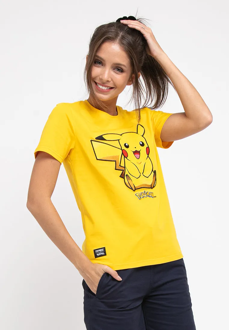 Forest Ladies Pokémon Coral Fleece Textured Embroidered Pikachu Round Neck Tshirt Women | T Shirt Perempuan - FP821000
