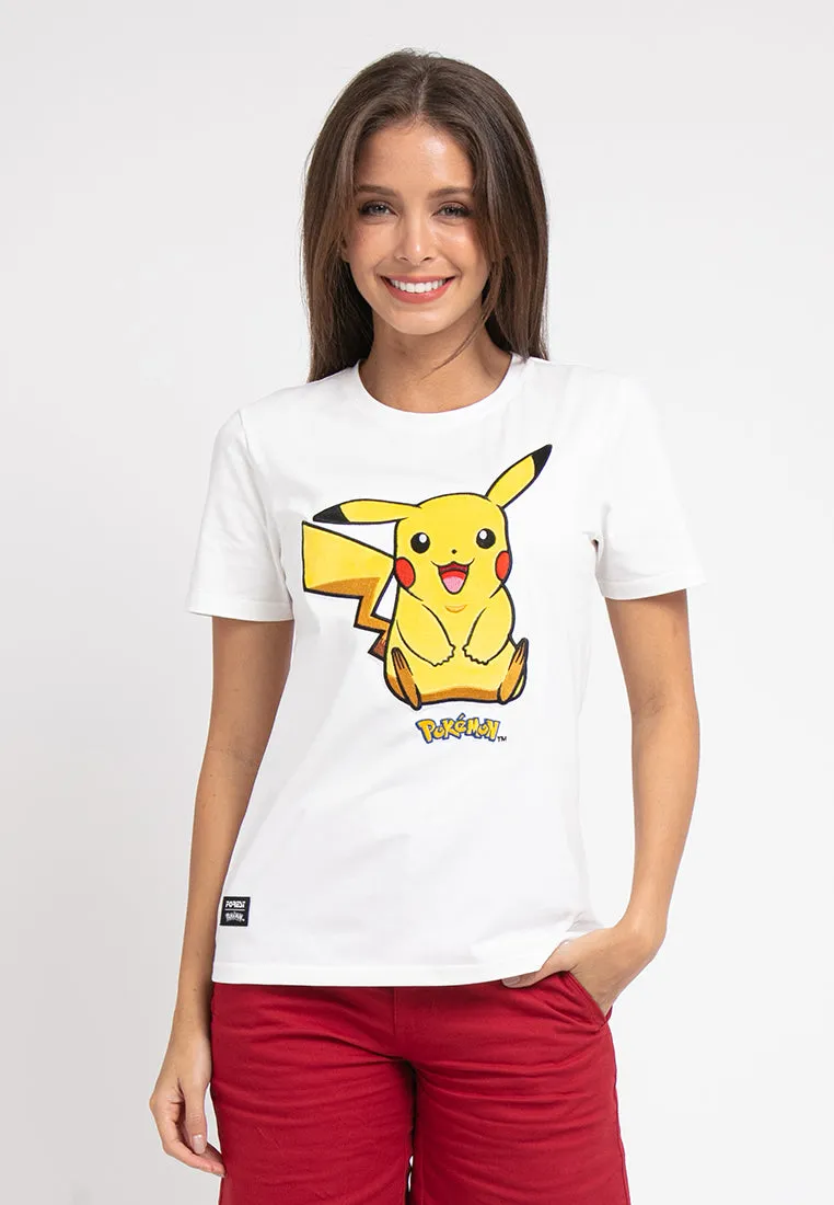 Forest Ladies Pokémon Coral Fleece Textured Embroidered Pikachu Round Neck Tshirt Women | T Shirt Perempuan - FP821000