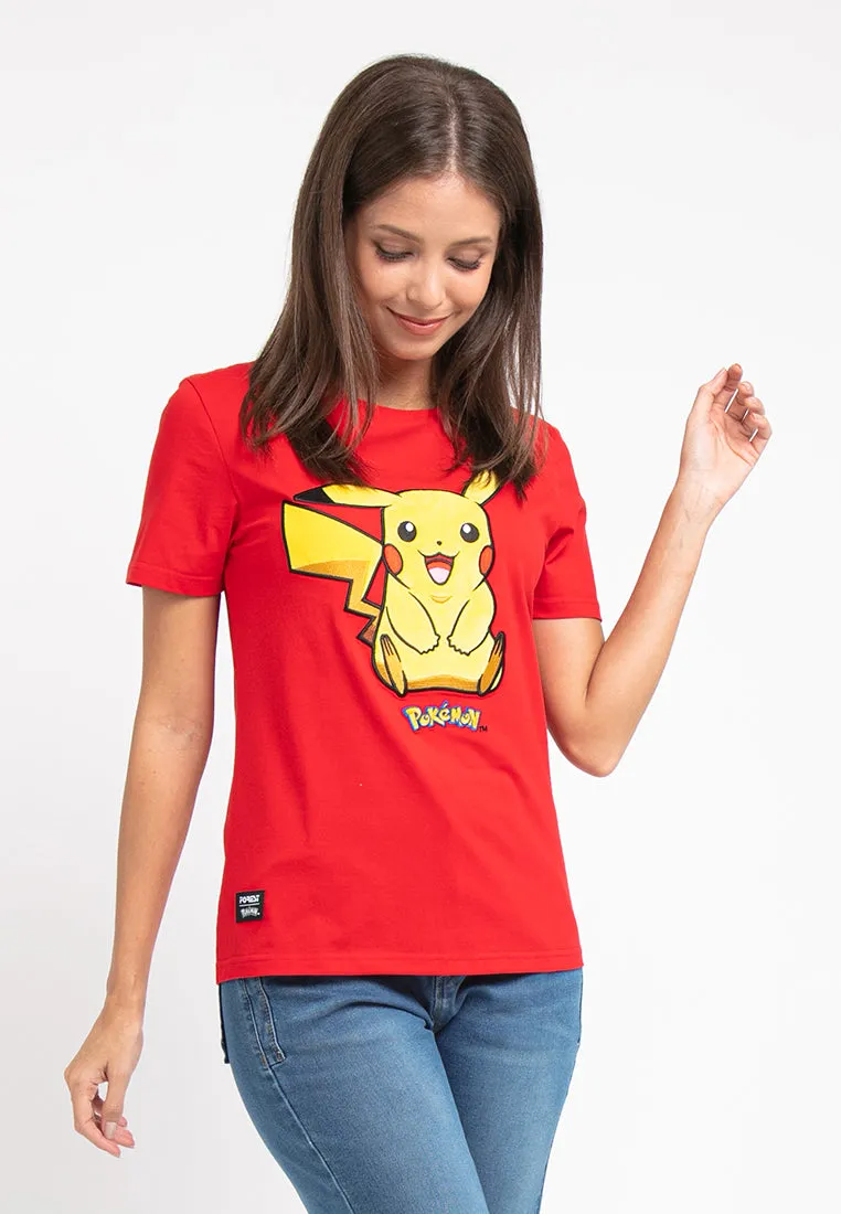 Forest Ladies Pokémon Coral Fleece Textured Embroidered Pikachu Round Neck Tshirt Women | T Shirt Perempuan - FP821000