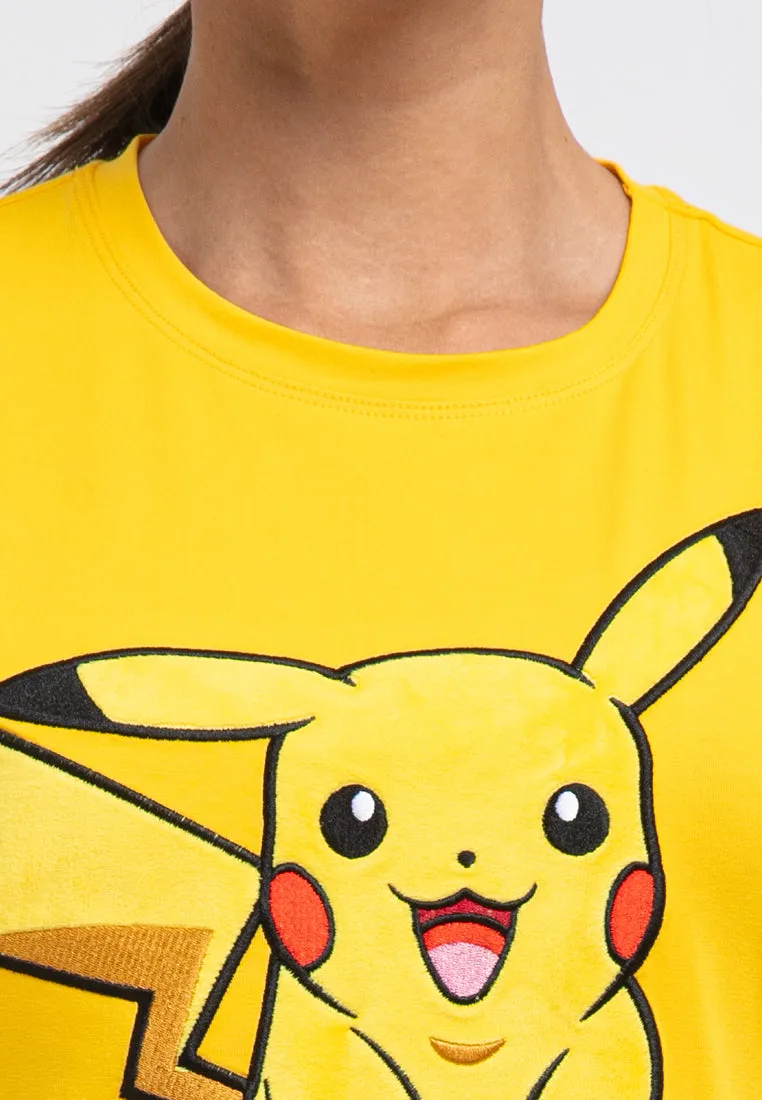 Forest Ladies Pokémon Coral Fleece Textured Embroidered Pikachu Round Neck Tshirt Women | T Shirt Perempuan - FP821000