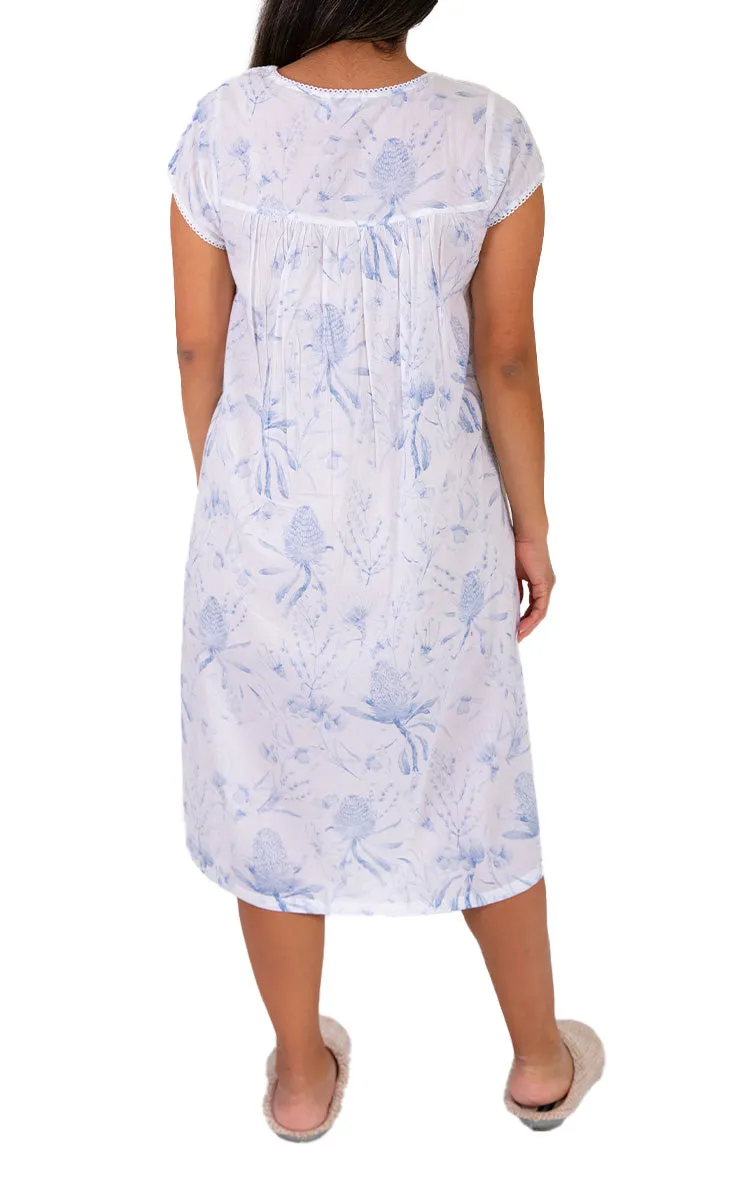 French Country 100% Cotton Nightgown with Cap Sleeve in White and Blue Floral FCW104