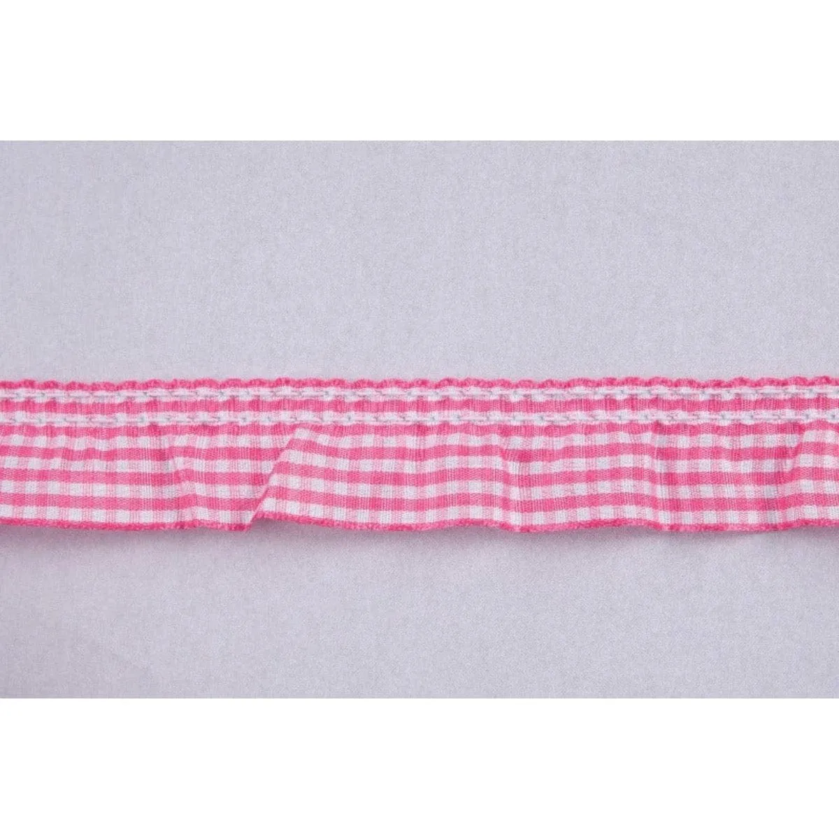 Frilled Gingham Ribbon Trim: Pink: 25mm wide. Price per metre.