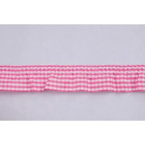 Frilled Gingham Ribbon Trim: Pink: 25mm wide. Price per metre.