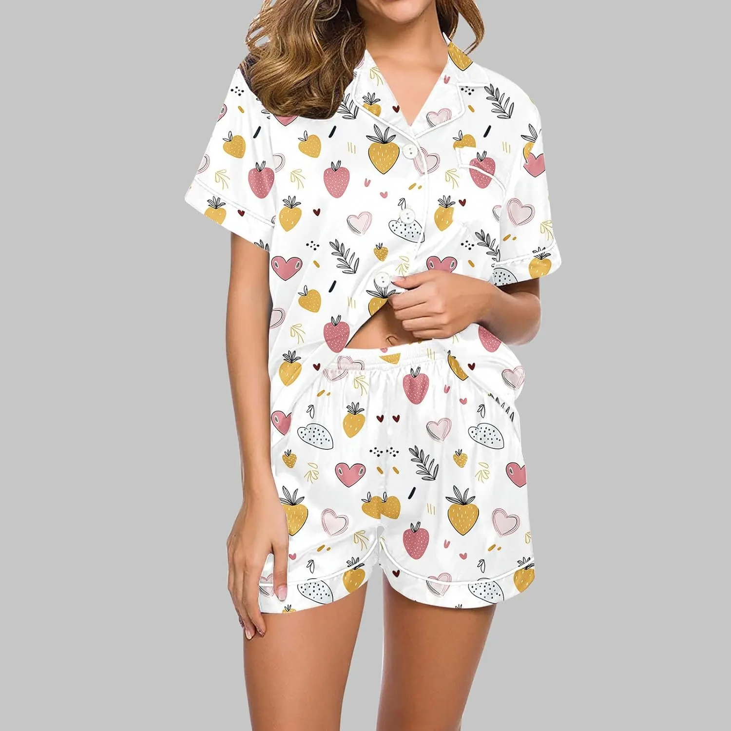 Funny Graphic Pajamas for Women Sets Button Down Short Sleeve Sleepwear and Shorts Summer 2Pcs Pjs Loungewear Set