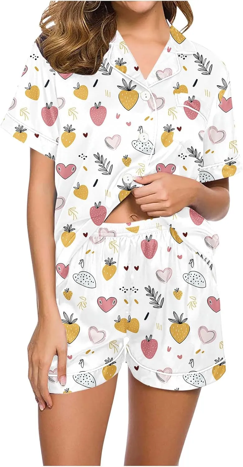 Funny Graphic Pajamas for Women Sets Button Down Short Sleeve Sleepwear and Shorts Summer 2Pcs Pjs Loungewear Set