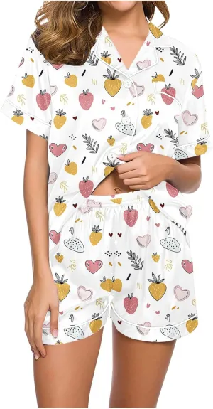 Funny Graphic Pajamas for Women Sets Button Down Short Sleeve Sleepwear and Shorts Summer 2Pcs Pjs Loungewear Set
