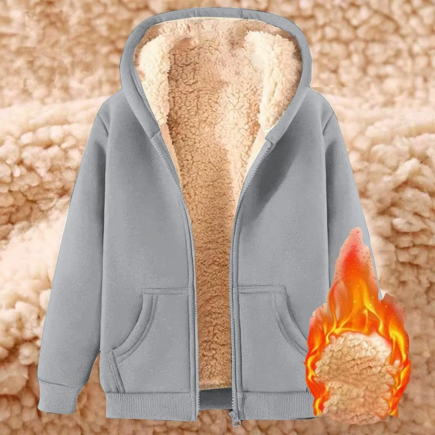 Fuzzy Fleece Lined Zip Hoodies for Men Casual Zip Solid Long Sleeve Pullovers Winter Thermal Thickened Jackets Tops