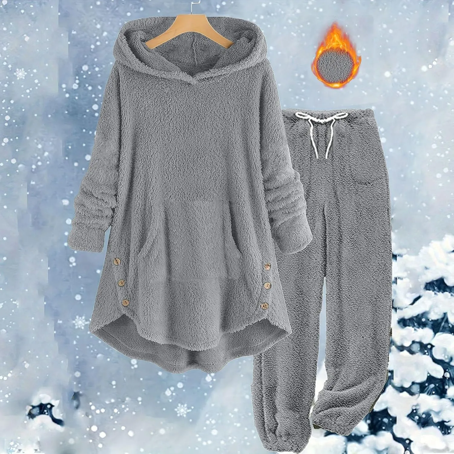 Fuzzy Fleece Lounge Sets Women Plus Size Warm 2 Piece Outfits Sherpa Fleece Lined Hoodie Tops and Pants Pjs Set