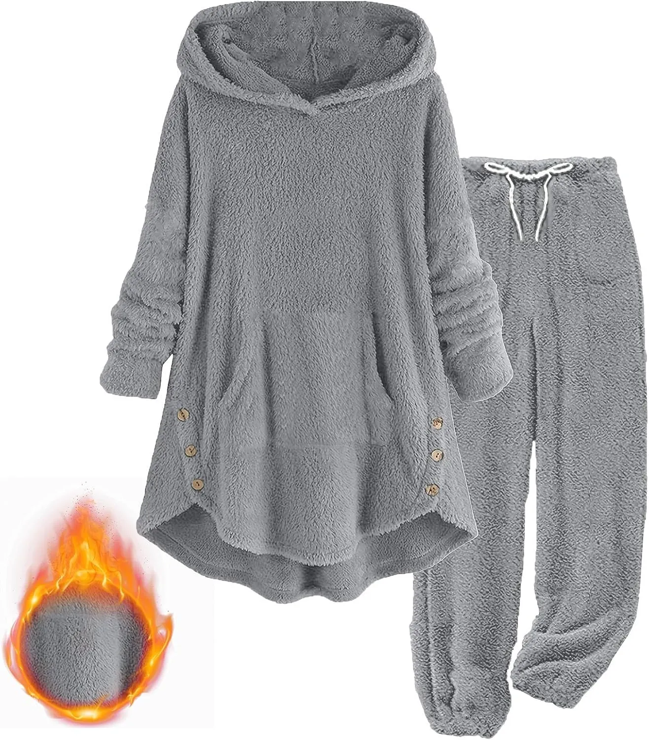 Fuzzy Fleece Lounge Sets Women Plus Size Warm 2 Piece Outfits Sherpa Fleece Lined Hoodie Tops and Pants Pjs Set