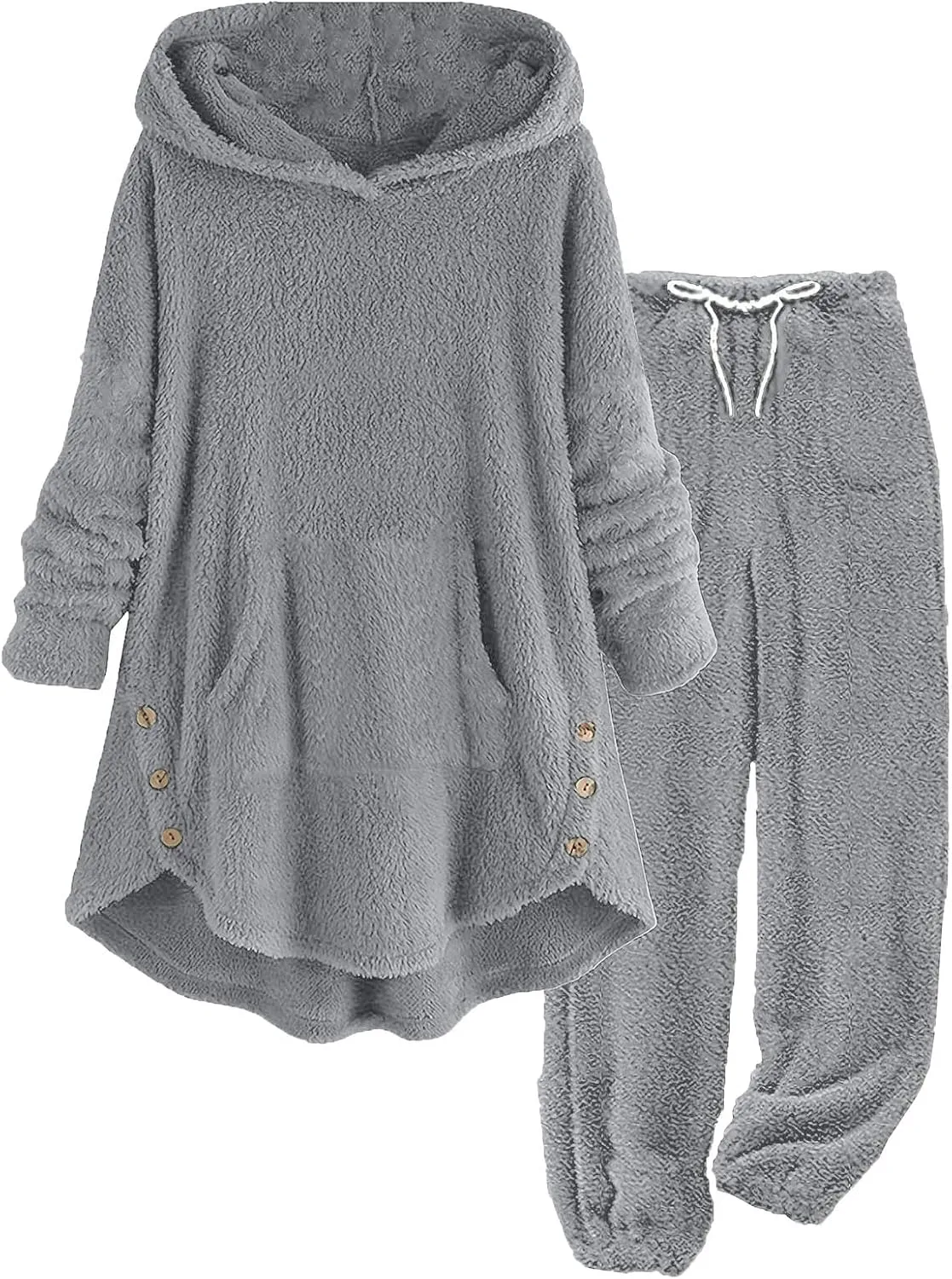 Fuzzy Fleece Lounge Sets Women Plus Size Warm 2 Piece Outfits Sherpa Fleece Lined Hoodie Tops and Pants Pjs Set