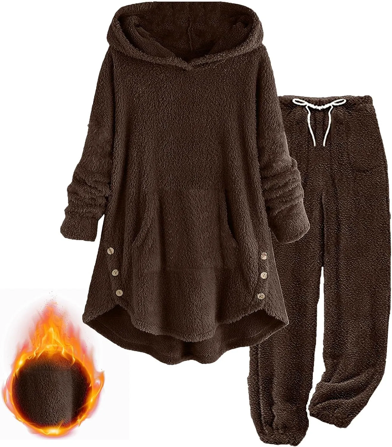 Fuzzy Fleece Lounge Sets Women Plus Size Warm 2 Piece Outfits Sherpa Fleece Lined Hoodie Tops and Pants Pjs Set