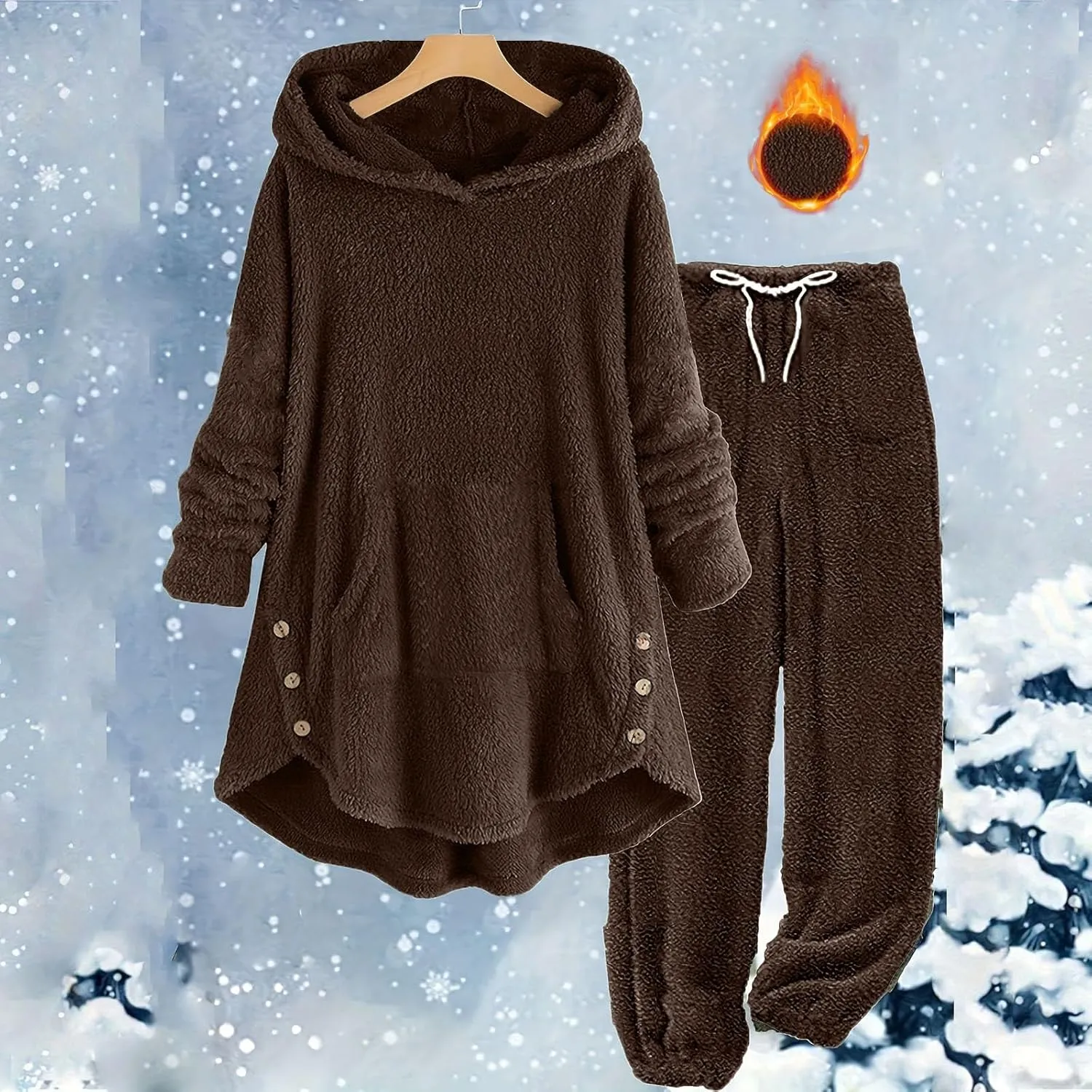 Fuzzy Fleece Lounge Sets Women Plus Size Warm 2 Piece Outfits Sherpa Fleece Lined Hoodie Tops and Pants Pjs Set