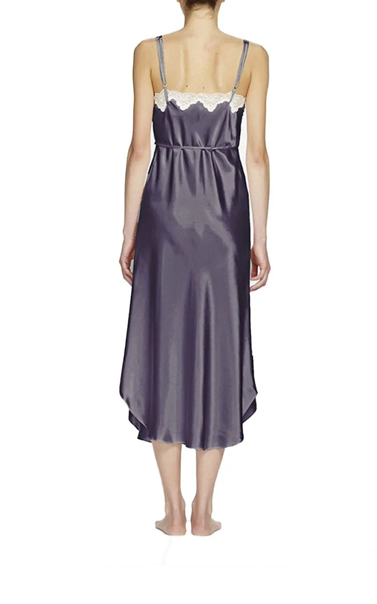 Ginia 100% Silk Nightgown with Pintucks and Lace in Smoke 7003 SALE