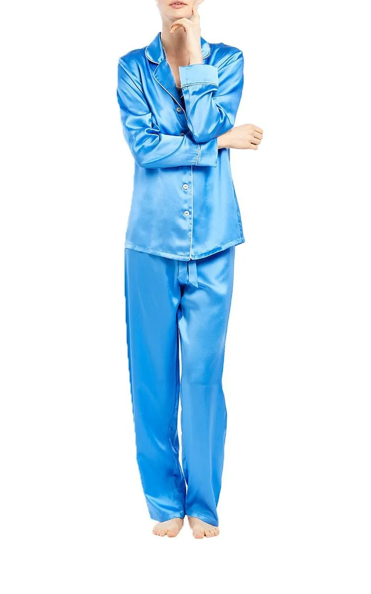 Ginia 100% Silk Pyjama with Long Sleeve In Marina Blue GFF501 SALE