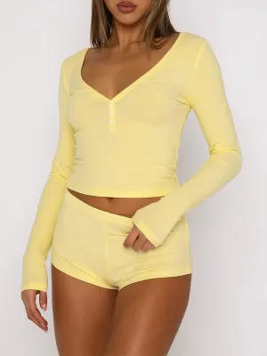 Girlary Womens Summer Y2K Chic 2Piece Infit Suit Solid Color Button V Neck Skinny T-Shirt   Low Waist Shorts Homewear Pjs Set