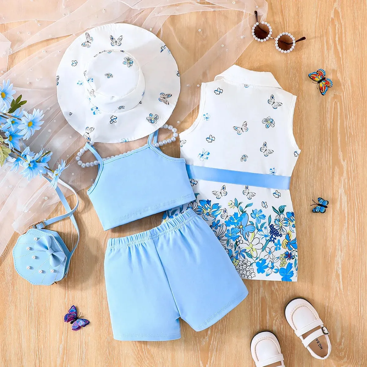Girls Blue Floral Shirt With Hat And Camisole Top And Shorts