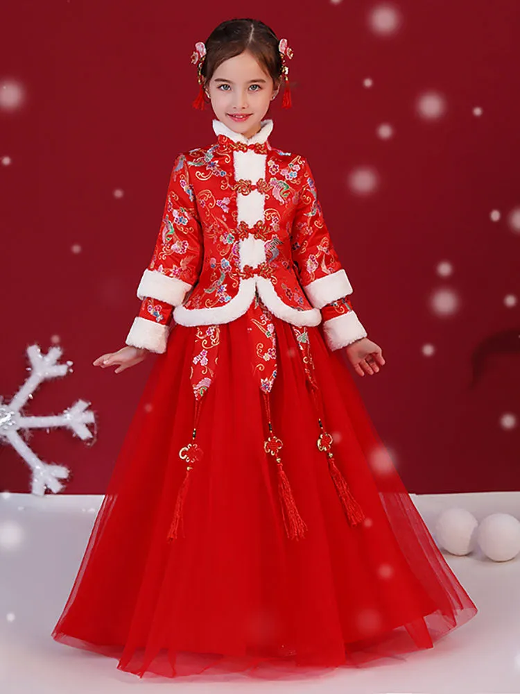 Girls' Cheongsam Ancient Costume National Style Thickened Long Sleeve Tang Dress
