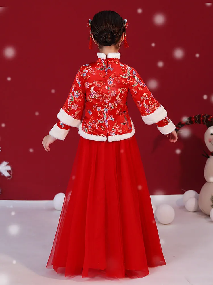 Girls' Cheongsam Ancient Costume National Style Thickened Long Sleeve Tang Dress