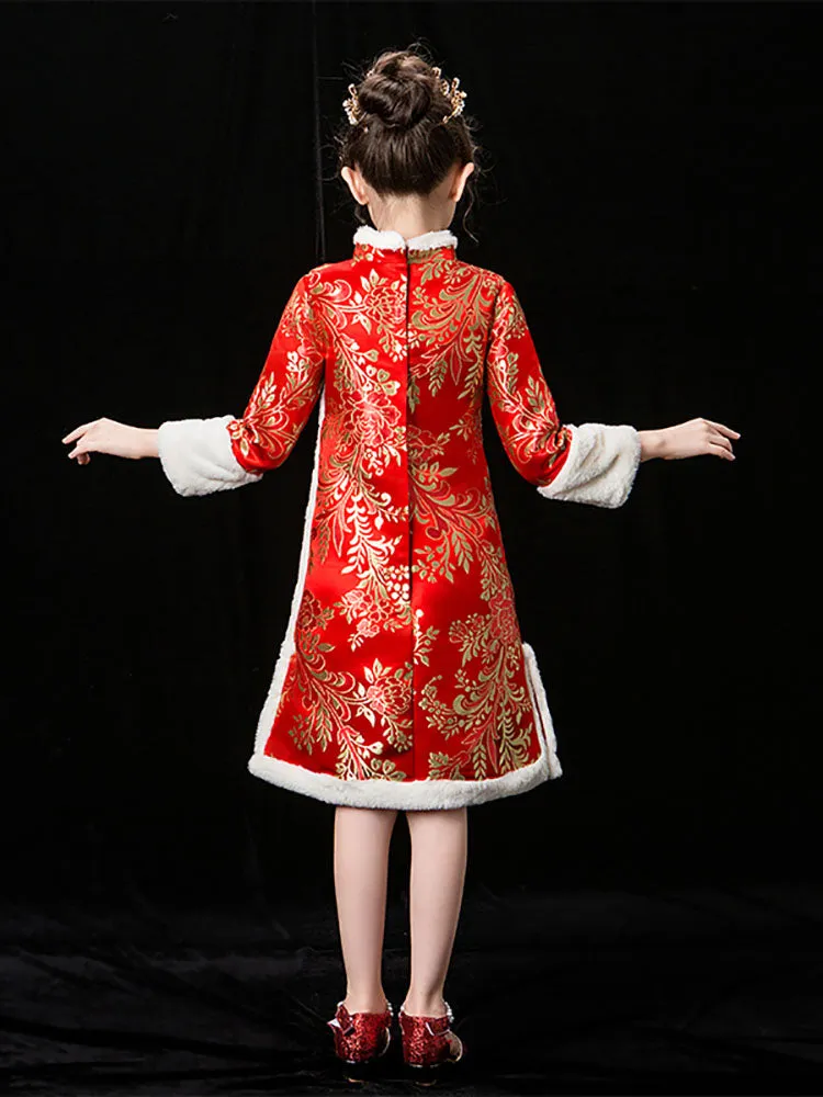 Girls' Cheongsam National Style Dress Thickened Hanfu Long Sleeve Performance Costume