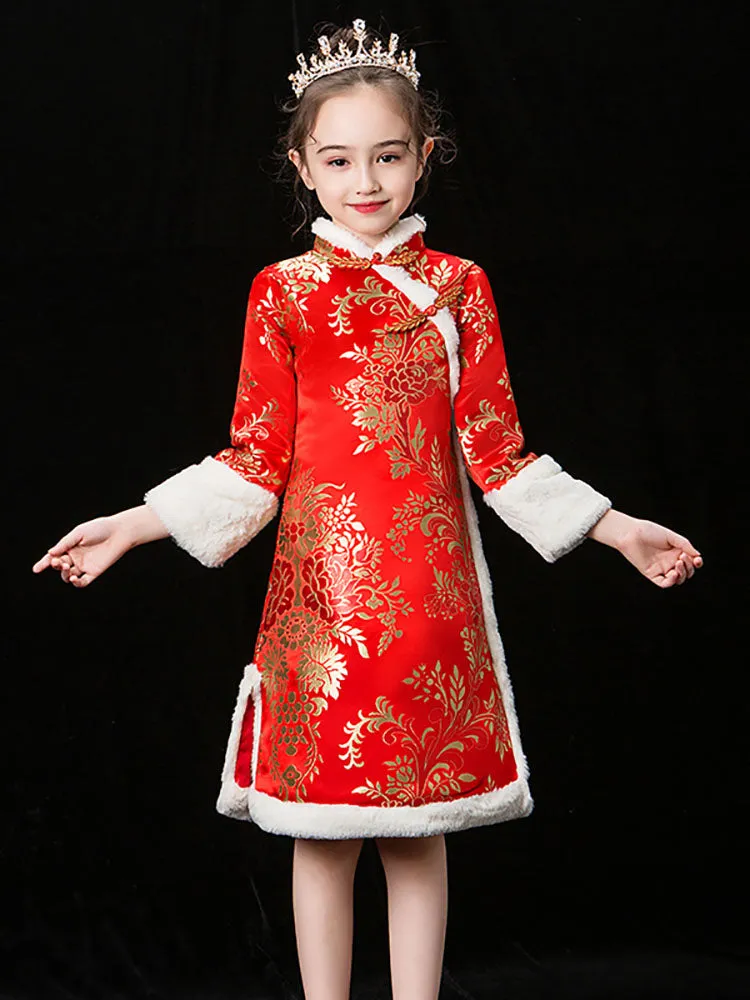 Girls' Cheongsam National Style Dress Thickened Hanfu Long Sleeve Performance Costume