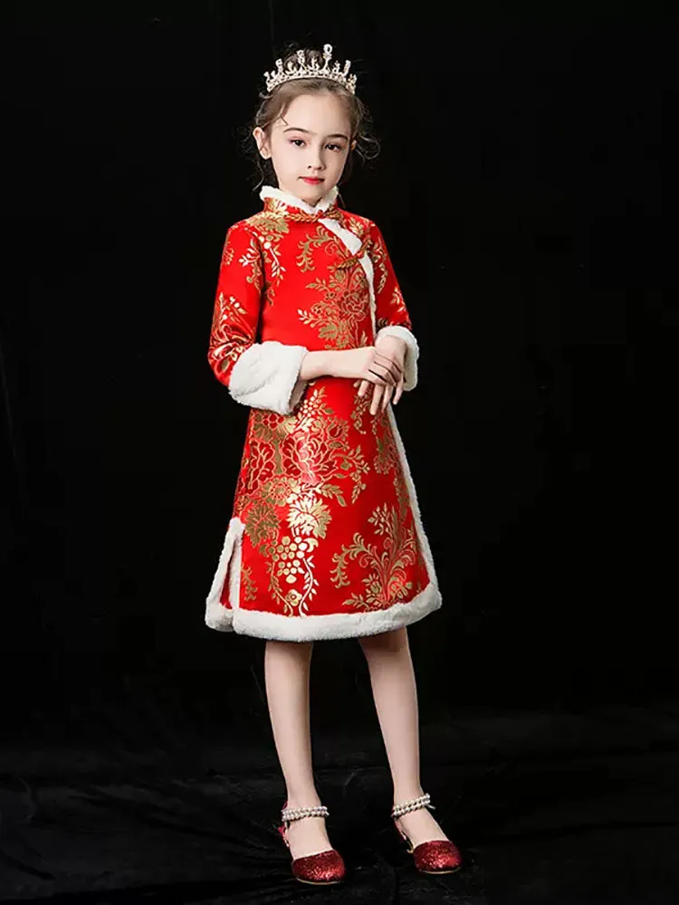 Girls' Cheongsam National Style Dress Thickened Hanfu Long Sleeve Performance Costume