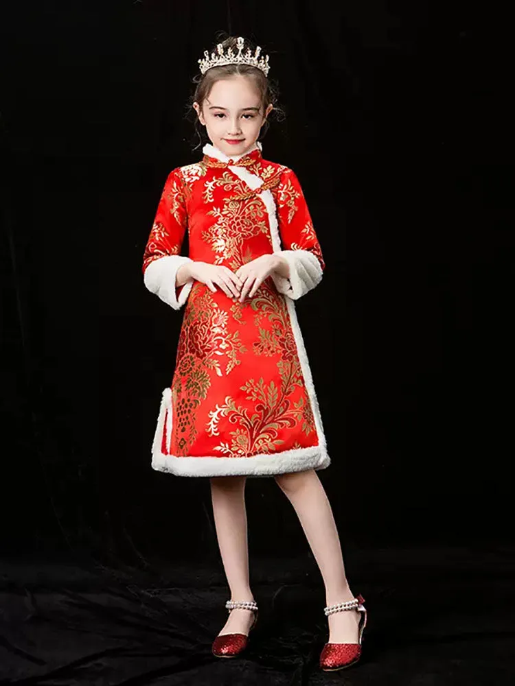 Girls' Cheongsam National Style Dress Thickened Hanfu Long Sleeve Performance Costume