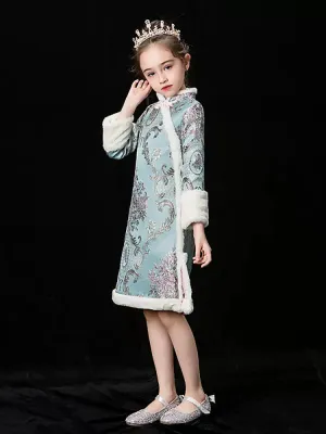 Girls' National Style Cheongsam Autumn/Winter Long Sleeved Thickened Tang Dress Performance Costume