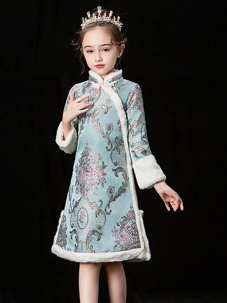 Girls' National Style Cheongsam Autumn/Winter Long Sleeved Thickened Tang Dress Performance Costume