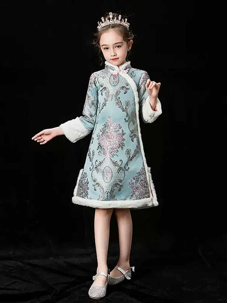 Girls' National Style Cheongsam Autumn/Winter Long Sleeved Thickened Tang Dress Performance Costume