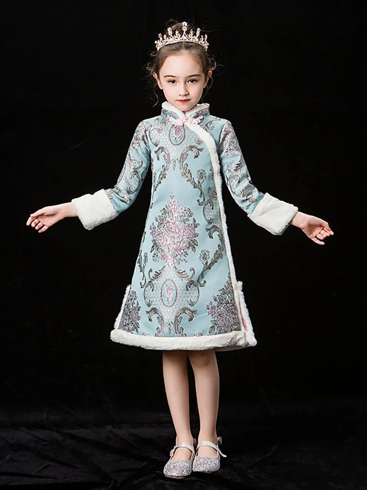 Girls' National Style Cheongsam Autumn/Winter Long Sleeved Thickened Tang Dress Performance Costume