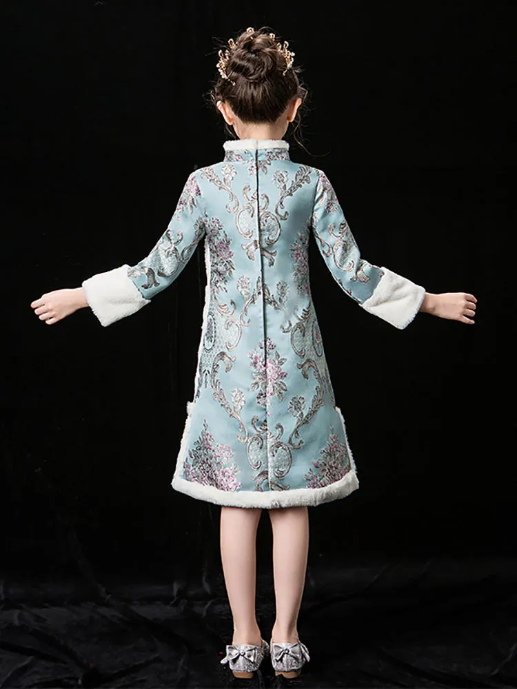 Girls' National Style Cheongsam Autumn/Winter Long Sleeved Thickened Tang Dress Performance Costume