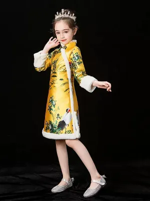 Girls' National Style Cheongsam Long Sleeved Tang Suits Thickened Winter Performance Costume