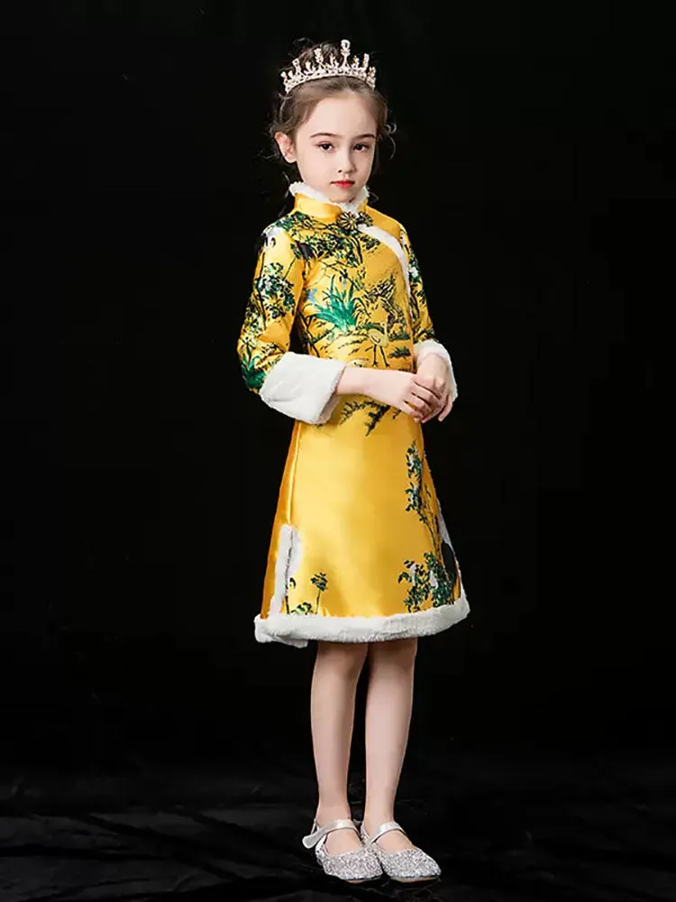Girls' National Style Cheongsam Long Sleeved Tang Suits Thickened Winter Performance Costume