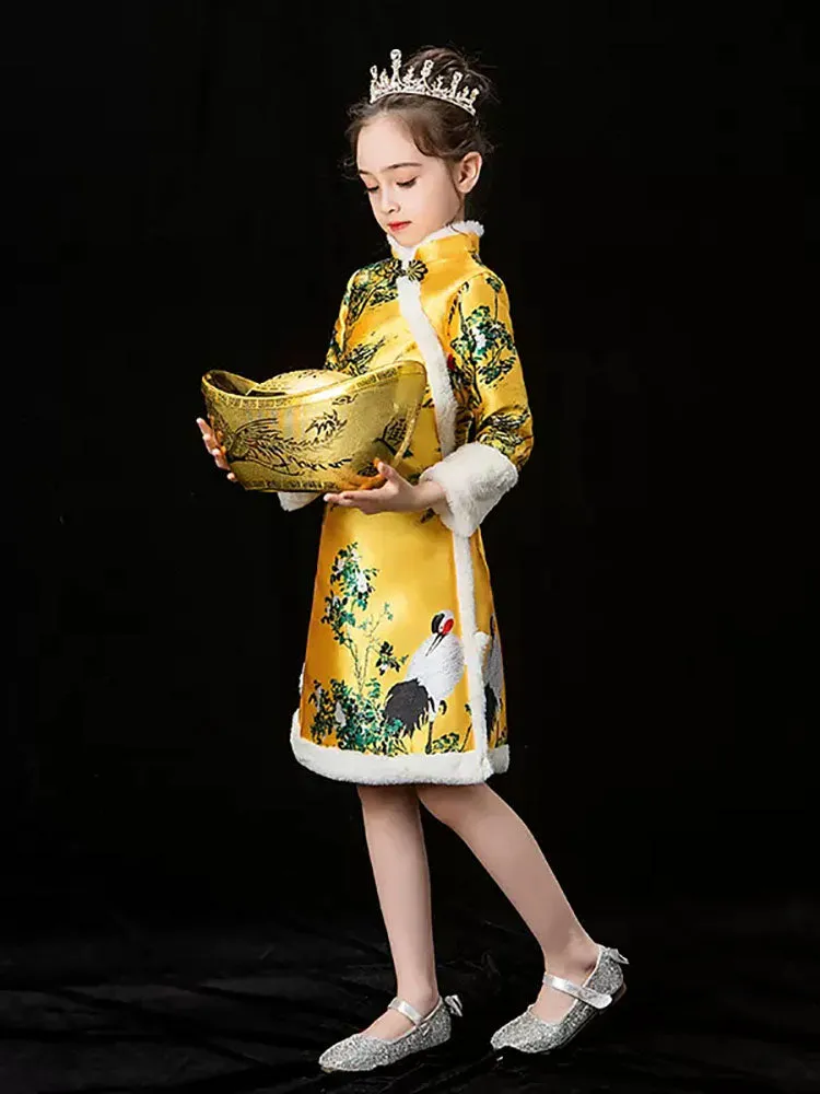 Girls' National Style Cheongsam Long Sleeved Tang Suits Thickened Winter Performance Costume