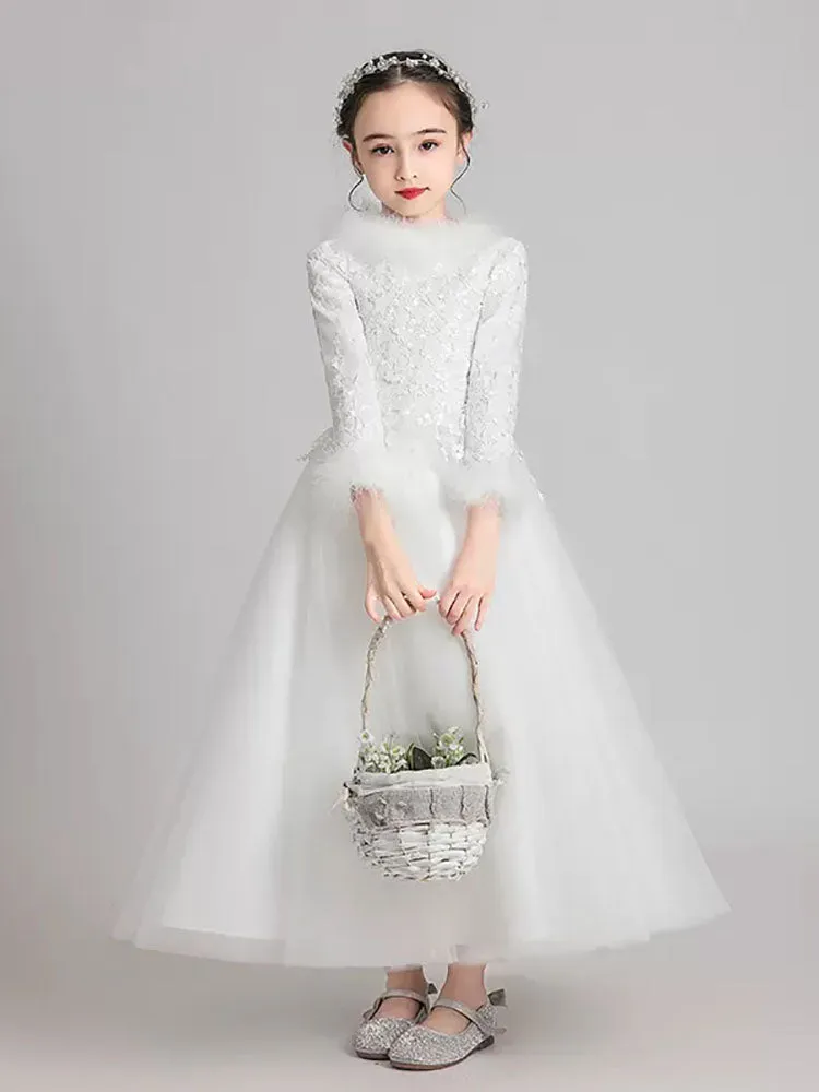 Girls' Shaggy Gown Princess Dress Winter Long Sleeved Thickened Performance Costume