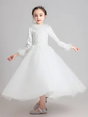 Girls' Shaggy Gown Princess Dress Winter Long Sleeved Thickened Performance Costume
