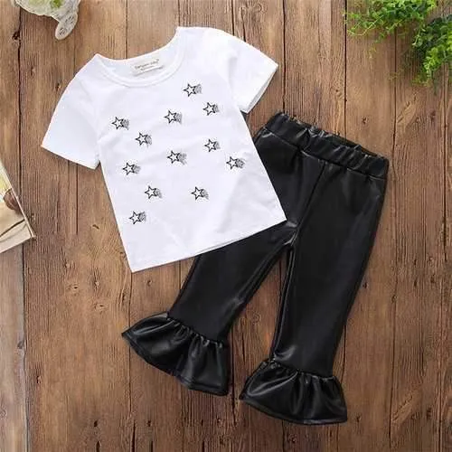 Girls T-shirt   PU Leather Pants