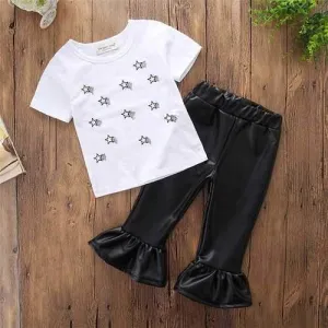 Girls T-shirt   PU Leather Pants