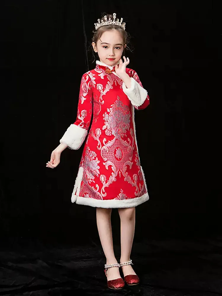 Girls' Winter Long Sleeved Cheongsam Oriental Elements Thickened Tang Dress Performance Costume