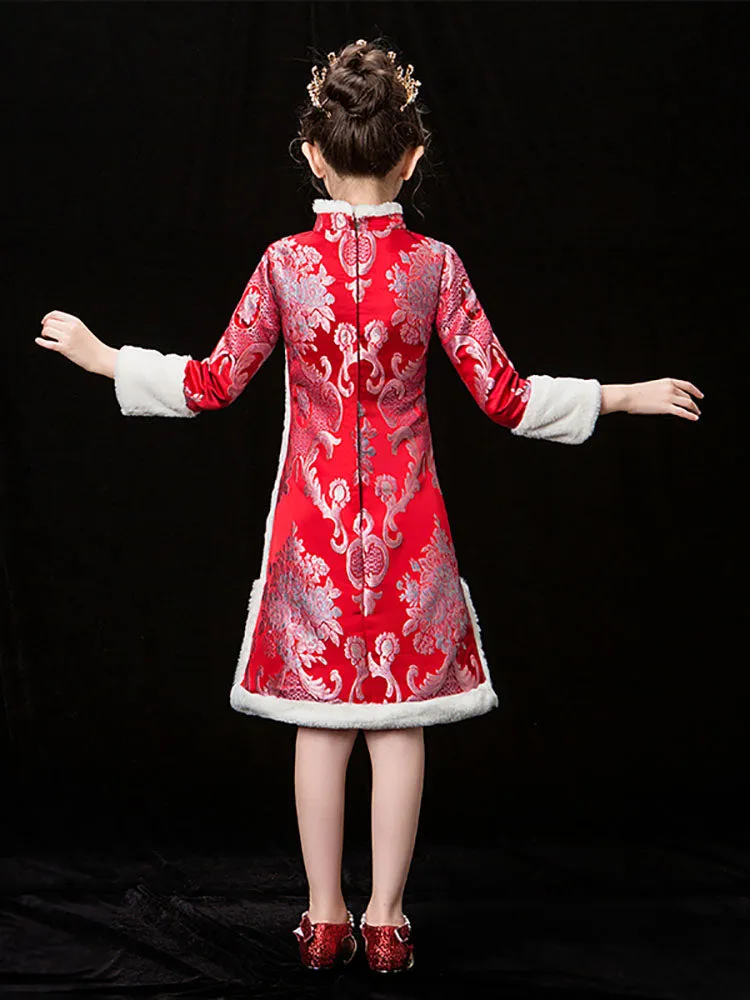 Girls' Winter Long Sleeved Cheongsam Oriental Elements Thickened Tang Dress Performance Costume