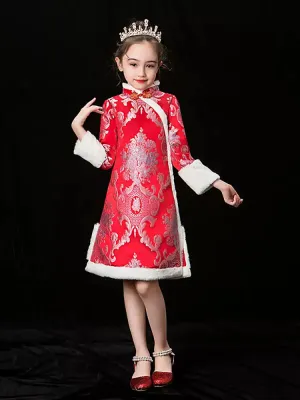 Girls' Winter Long Sleeved Cheongsam Oriental Elements Thickened Tang Dress Performance Costume