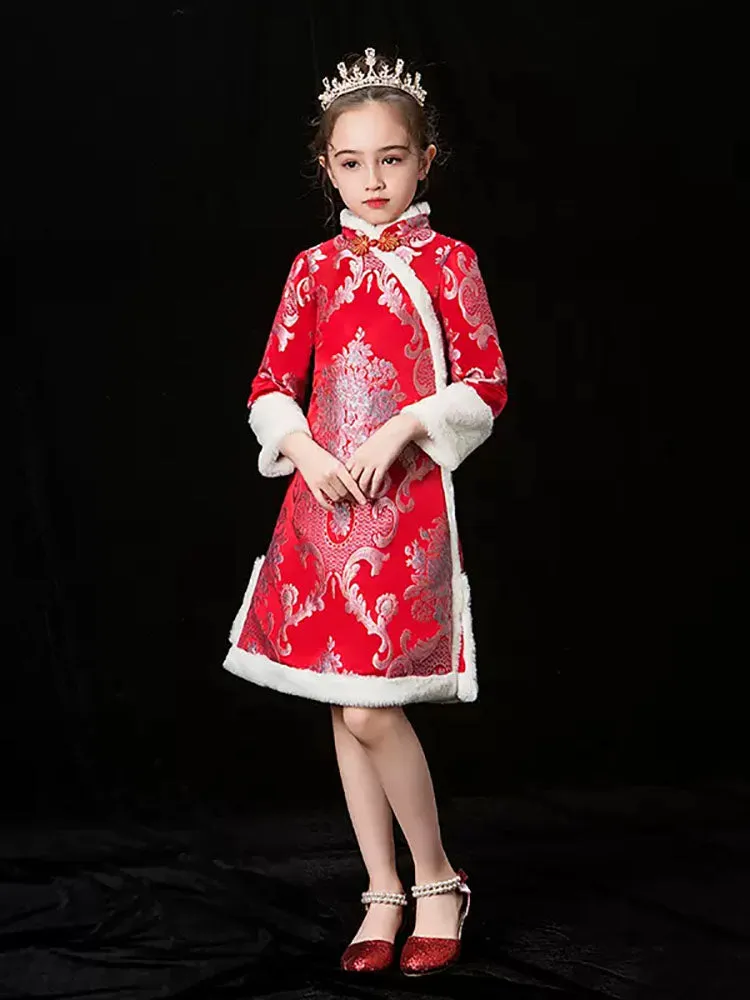 Girls' Winter Long Sleeved Cheongsam Oriental Elements Thickened Tang Dress Performance Costume