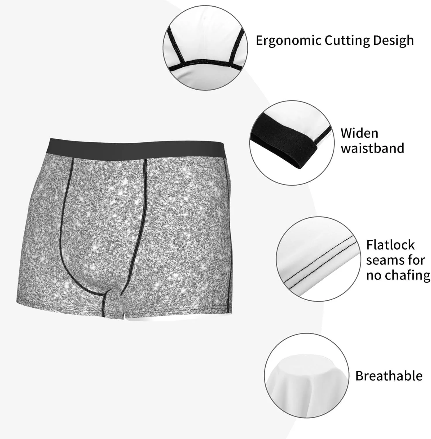 Glittersilver Print Boxer Briefs For Men Breathable Underwear-