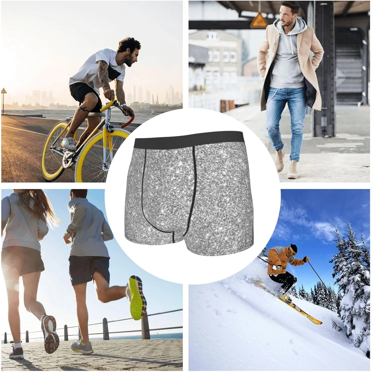 Glittersilver Print Boxer Briefs For Men Breathable Underwear-